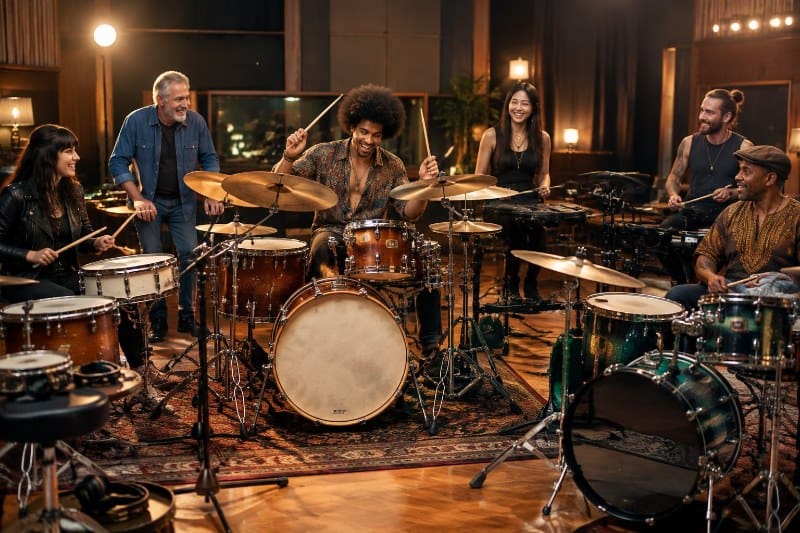 A group of drummers playing several drum kits in a recording studio