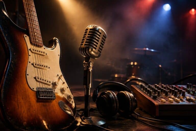 Electric guitar and vintage microphone on a stage under colored lights