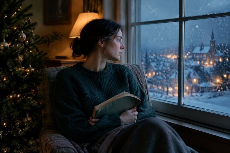 A woman sits by a window near a Christmas tree, looking out at falling snow