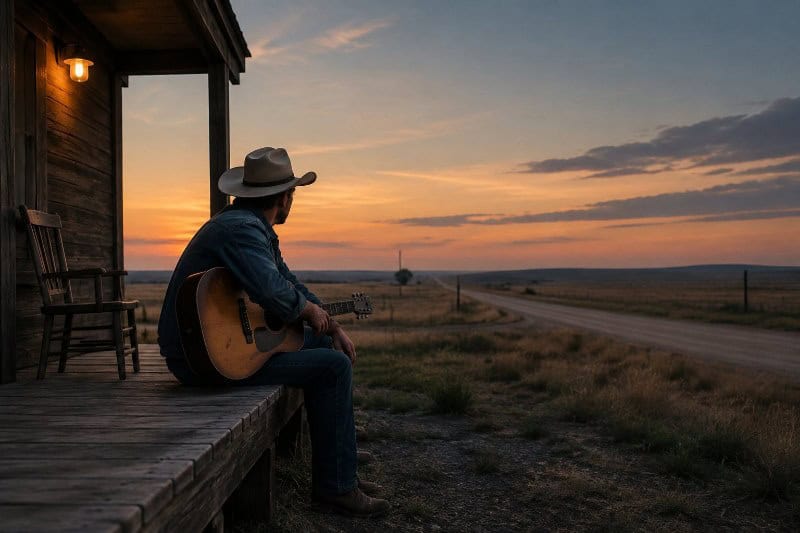 Country singer with a guitar on a porch at sunset